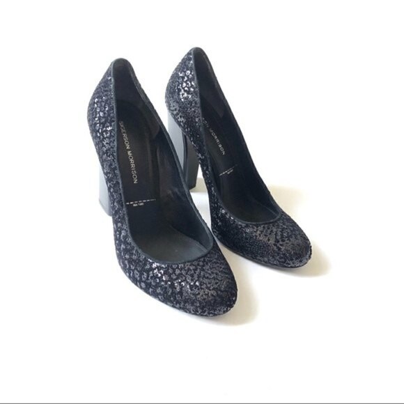 sigerson Morrison Black Pumps Shoes Genuine Suede & Sequins Block High Heels 9 - Picture 2 of 12